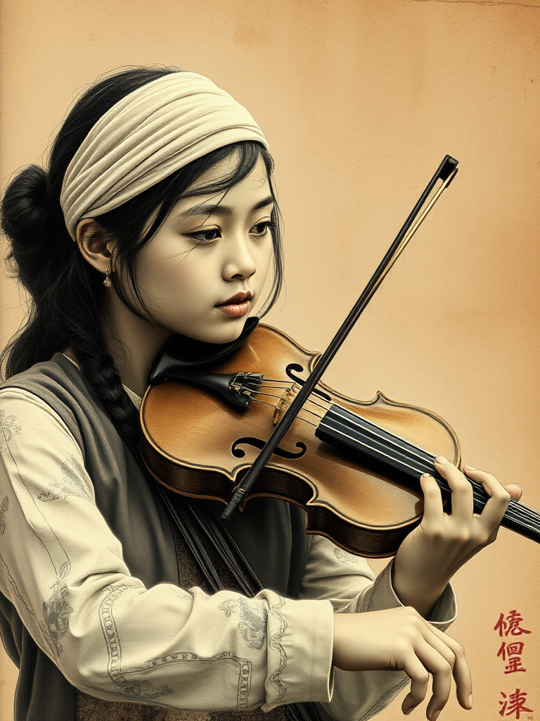 a young Bhutanese woman with a white headband playing a violin, in the style of a charcoal drawing, sepia grunge background