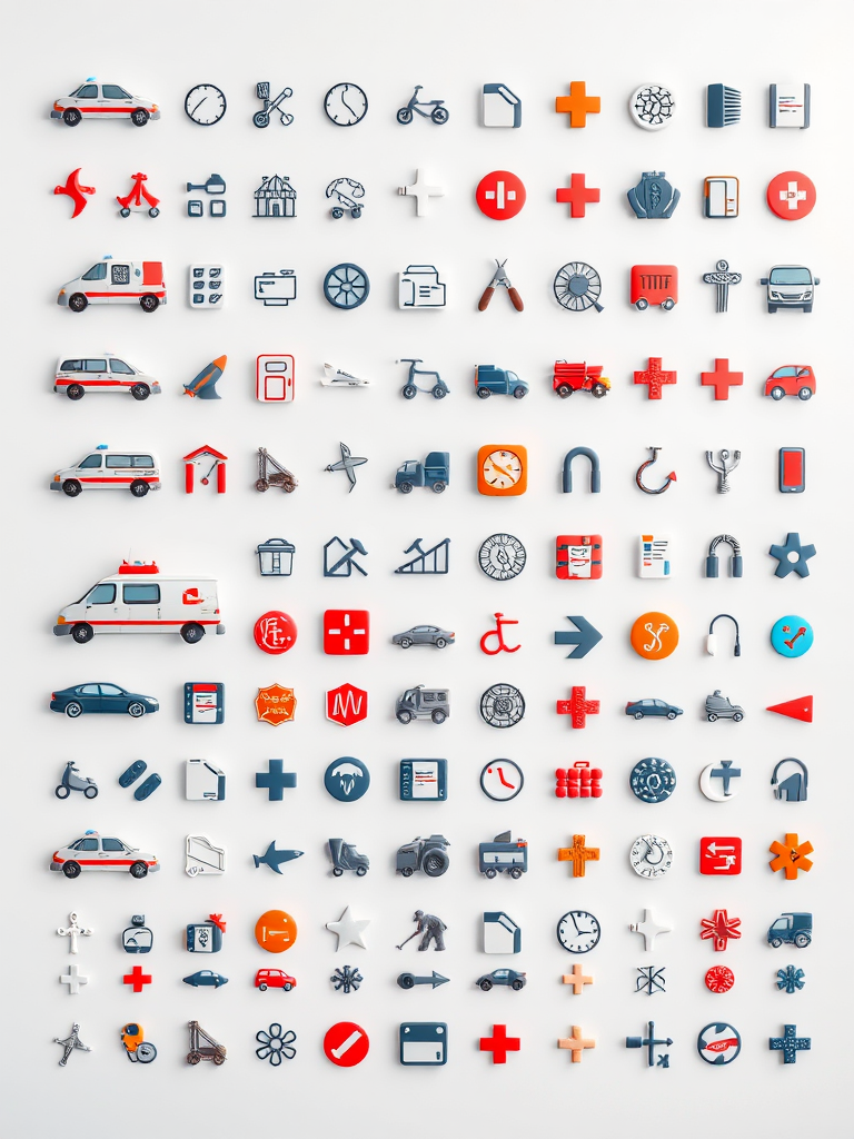 Create a high-resolution image of various transport and medical icons arranged in a grid format, using a Canon EOS 5D Mark IV camera with a 50mm lens, aperture set to f/8, ISO 200, and a standard view, with a clean and minimalist design.