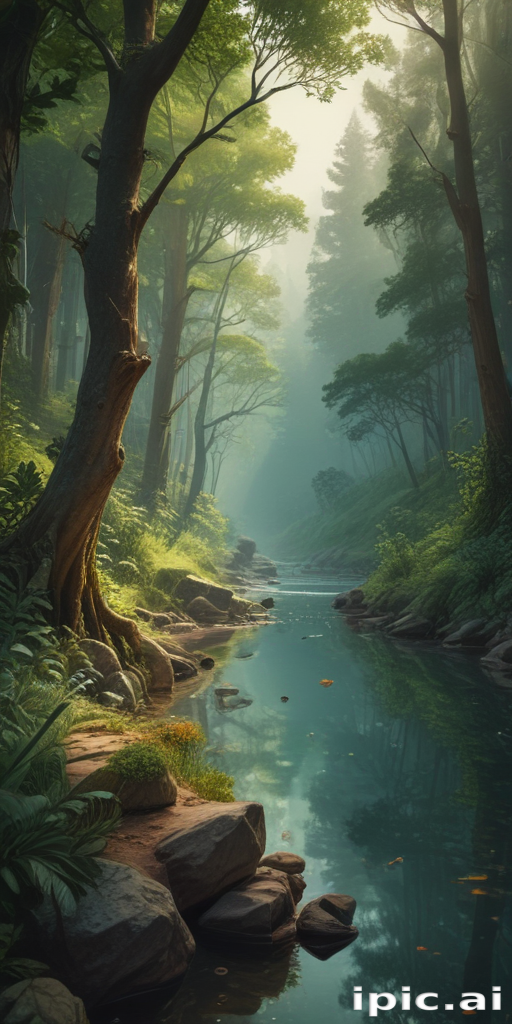 Tranquil Forest Scene with Lush Greenery and Serene Waterway