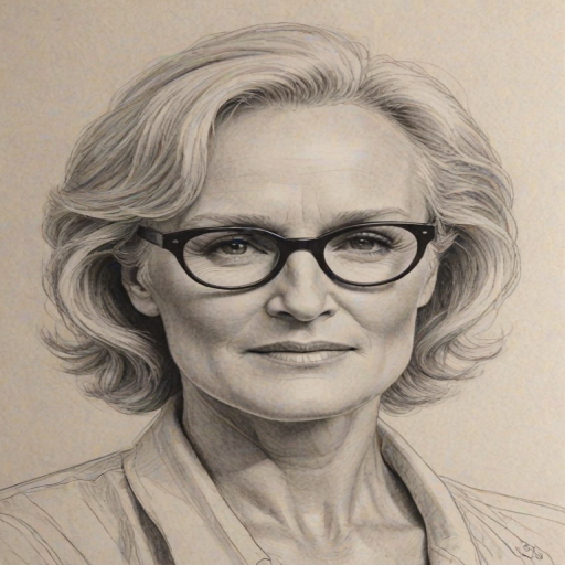 Comely Glenn Close, pencil sketch, portrait of Fascinating woman 1976s in glasses, hair style beatnik, outline, clear lines, fine lines, 8k
