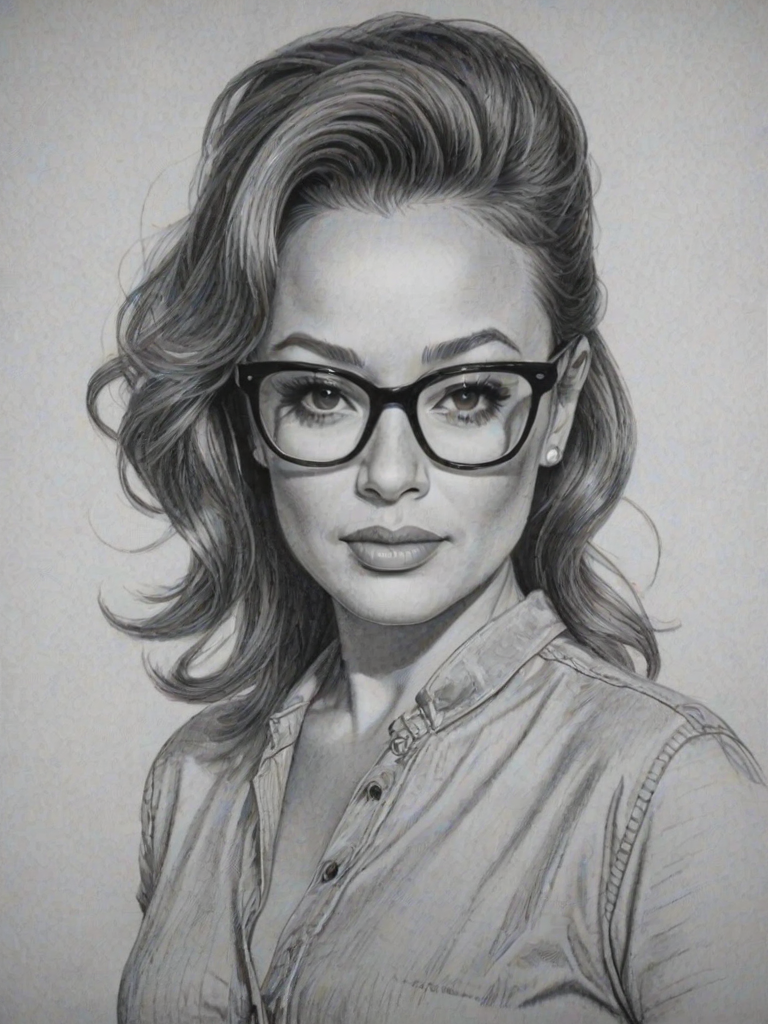 Sublime Leah Remini, pencil sketch, portrait of Ravishing woman 1957s in glasses, hair style beatnik, outline, clear lines, fine lines, 8k
