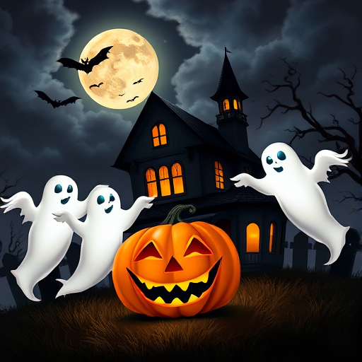 Create a spooky Halloween scene featuring playful ghosts floating around a glowing jack-o-lantern with a haunted house in the background under a full moon and dark, cloudy sky. Include bats flying in the night sky and a graveyard with tombstones scattered around.