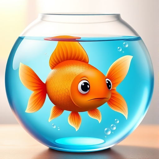 Create a vibrant digital illustration of a cartoon goldfish in a clear round fishbowl, with bright blue water and bubbles, using a Canon EOS R camera, 50mm lens, f/2.8 aperture, ISO 100, and a shallow depth of field for a soft background.
