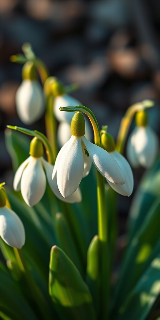 Create a detailed illustration of snowdrop flowers with vibrant green leaves, using a macro lens at f/2.8 aperture, 50mm focal length, and natural lighting to enhance color and detail in a 4K resolution digital format.