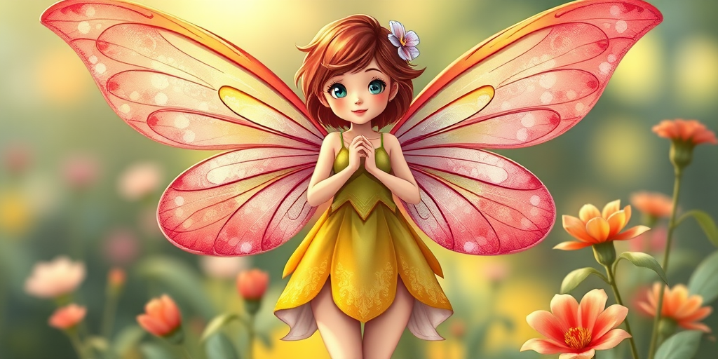 Create a highly detailed illustration of a fairy with large wings, standing confidently with a flower in hand, captured using a DSLR camera at f/2.8 aperture, ISO 200, 50mm lens, soft natural lighting, and in a vibrant, colorful style.
