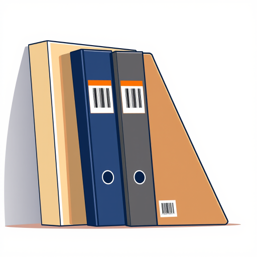 Create an illustration of four filing binders arranged in a slight diagonal line, showcasing different colors: beige, dark blue, orange, and dark gray, with barcode designs on the spines, in a flat design style, using a digital art technique with crisp lines and vibrant colors, captured with a 50mm lens at f/4, 1/125s shutter speed, natural light, and a subtle gradient background.