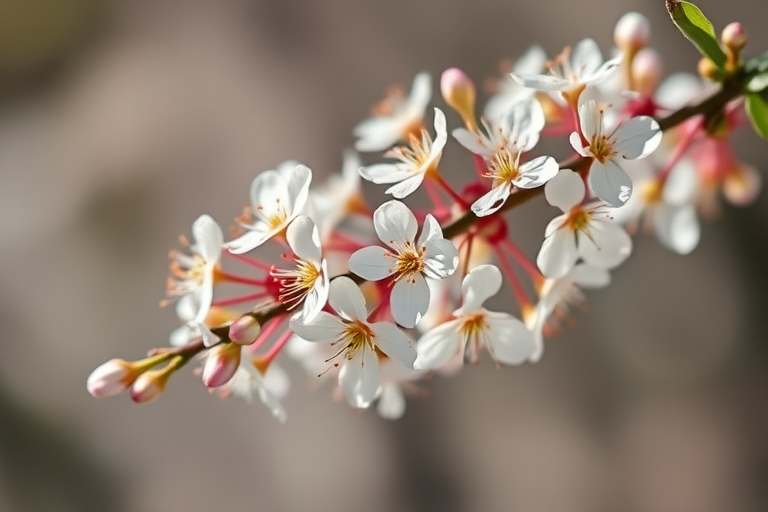 Close-up shot of delicate white flowers on a branch, shallow depth of field, soft natural lighting, macro lens, ISO 100, f/2.8, 1/200s, DSLR camera with a 100mm lens.