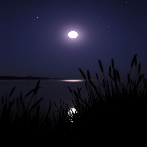 Create a serene night scene with a full moon casting a soft glow over a calm body of water, surrounded by dark silhouettes of tall grass against a starry purple sky; use a DSLR camera with a 50mm lens, aperture f/1.8, ISO 100, and a shutter speed of 1/60 seconds for optimal clarity and detail.