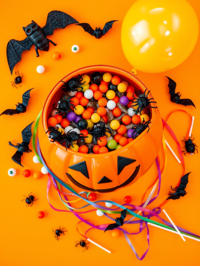 Create an overhead view of a Halloween themed scene featuring an orange pumpkin bucket with a smiling face filled with black spider decorations and colorful candy. Surround the bucket with small black bats, plastic eyeballs, a yellow balloon, and colorful streamers all against a bright orange background. Include a few small plastic insects and lollipops for added detail.