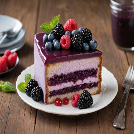 Create an image of a slice of cake with multiple layers. The cake should have a rich purple color and be adorned with fresh berries like blackberries and blueberries, along with a sprig of mint. The background should be softly blurred to emphasize the cake.