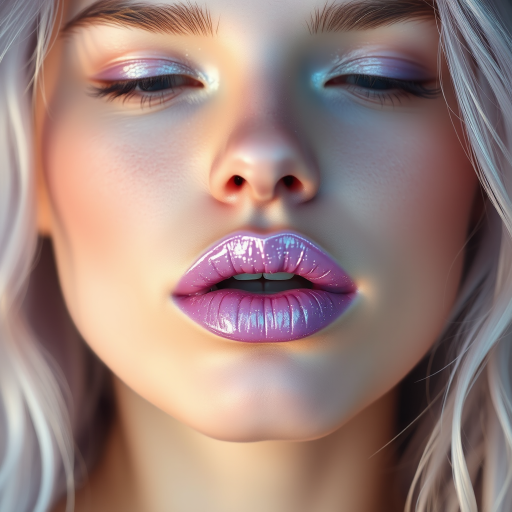 Ethereal woman lips enhanced with pearlescent lavender gloss, full face capture evoking mystical aura and otherworldly beauty