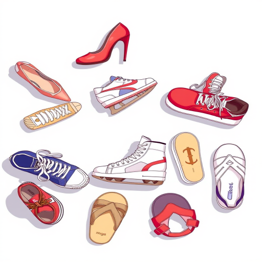 Create a high-resolution illustration of various shoe types including high heels, basketball shoes, ice skates, boxing shoes, athletic shoes, and sandals, using a top-down view with a DSLR camera, aperture set to f/4, ISO 100, and a shutter speed of 1/200s, in a clean and well-lit environment.