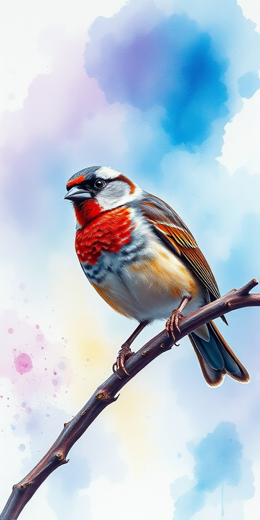 A vibrant watercolor painting of a sparrow perched on a branch, with soft splashes of blue and purple in the background, captured with a Canon EOS R5, 85mm lens, aperture f/4, ISO 100, 1/250 sec shutter speed.