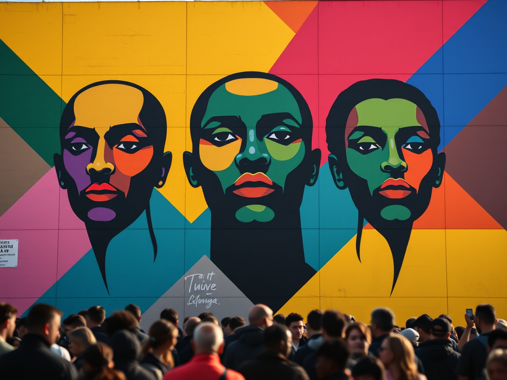Create a vibrant mural featuring three stylized faces in bold colors against a geometric background with a crowd of people in silhouette at the foreground, captured with a DSLR camera at f/8, ISO 100, 50mm lens, shot from a low angle for a dramatic effect.