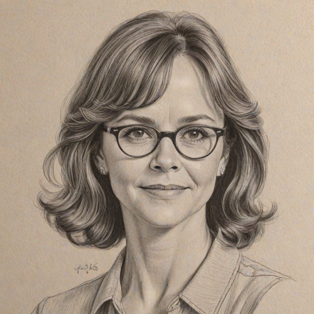 Appealing Sally Field, pencil sketch, portrait of Magnificent woman 1946s in glasses, hair style beatnik, outline, clear lines, fine lines, 8k