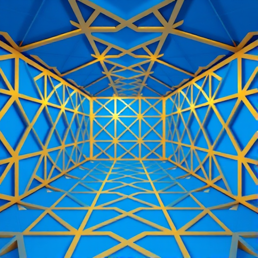 generate a 3D rendering of an intricate geometric room filled with blue and gold interlocking patterns, use a wide-angle lens, aperture f/8, ISO 100, and a 24mm focal length for enhanced depth of field and clarity