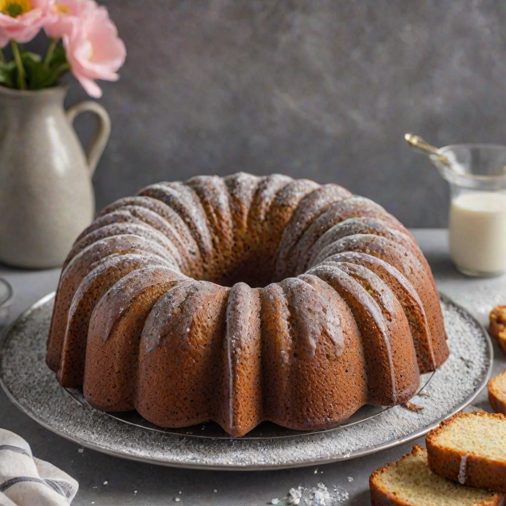 Generate an image of a freshly baked poppy seed cake in a bundt pan. The cake has a light golden color with visible poppy seeds and a dusting of powdered sugar on top. The pan is metallic and slightly shiny, with the cake slightly domed in the center. The background should be simple and unobtrusive, focusing on the cake.