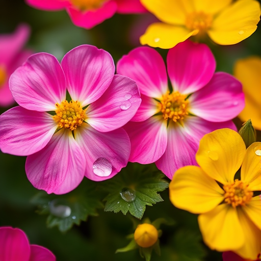 macro shot of vibrant pink and yellow flowers with dew drops on green leaves, shallow depth of field, f/2.8, ISO 100, 1/200 sec, DSLR, 50mm lens, natural light