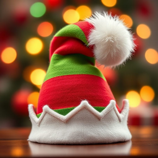 Create an image of a cartoonish Christmas elf hat with red and green stripes, featuring a fluffy white pom-pom on the tip, captured with a DSLR camera at f/2.8 aperture, ISO 100, 50mm lens, with a shallow depth of field to enhance the hat's details against a blurred festive background.