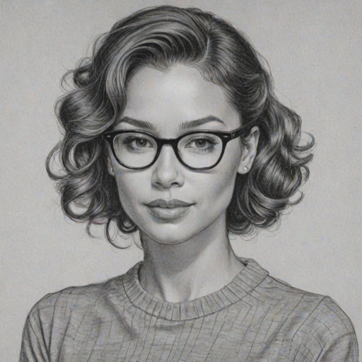 Wonderful Jessica Parker Kennedy, pencil sketch, portrait of Appealing woman 1952s in glasses, hair style beatnik, outline, clear lines, fine lines, 8k