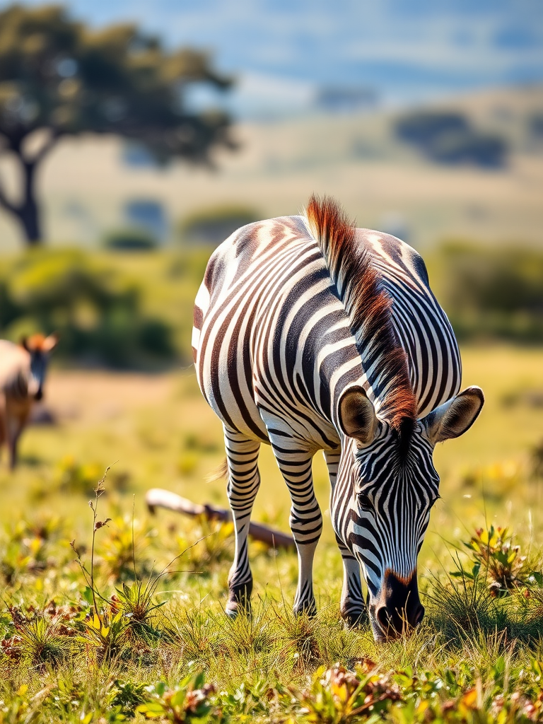 Create a high-resolution digital illustration of a zebra grazing in a lush green savanna, using a DSLR camera with a 50mm lens, f/1.8 aperture, ISO 100, natural sunlight, and a shallow depth of field for a soft background focus.