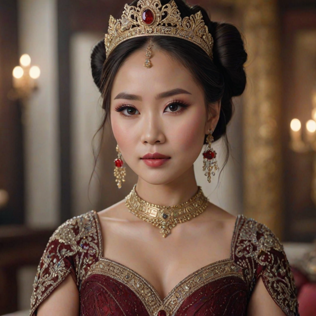 A gorgeous Hmong woman in a luxurious brown gown, accessorized with a dazzling tiara and statement earrings, her deep red eyes highlighted by impeccable makeup, poised in a royal setting, photorealistic, 8K quality