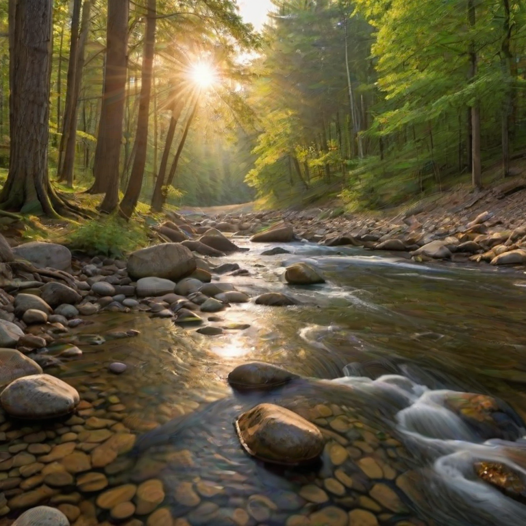 Create an image of a serene, sunlit forest scene with a clear, gently flowing river. Tall trees with lush green foliage line both sides of the river, their leaves bathed in the warm golden light of the setting or rising sun. The sunlight filters through the trees, casting soft, dappled light on the river, which flows over smooth rocks and pebbles, creating a peaceful, natural atmosphere. The sky is bright with a few scattered clouds, and the overall mood is tranquil, evoking a deep sense of connection with nature. The image captures the beauty of a calm, pristine forest landscape at either dawn or dusk.