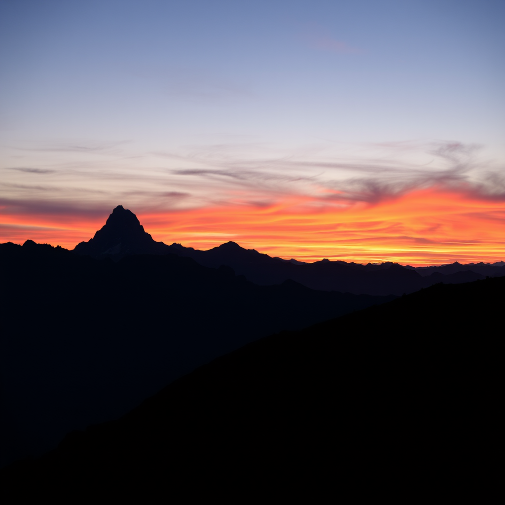 Generate a high-resolution silhouette of a majestic mountain range during sunset with vibrant orange and purple hues in the sky, captured using a Canon EOS R5, ISO 100, f/8 aperture, 24mm lens, landscape orientation.