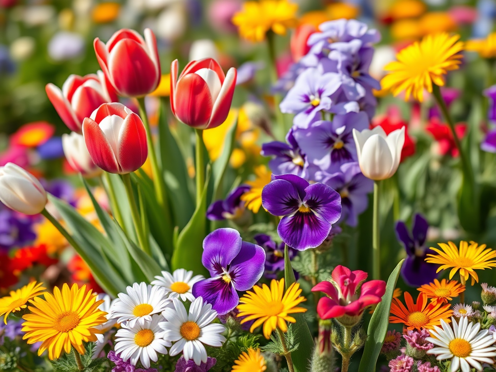 Create a vibrant, high-resolution image of a colorful flower arrangement featuring red and white tulips, purple pansies, yellow daisies, and other colorful blooms in a bright garden setting with soft focus, using a DSLR camera with a 50mm lens at f/2.8, ISO 100, and a shutter speed of 1/250 seconds for enhanced detail and depth of field.