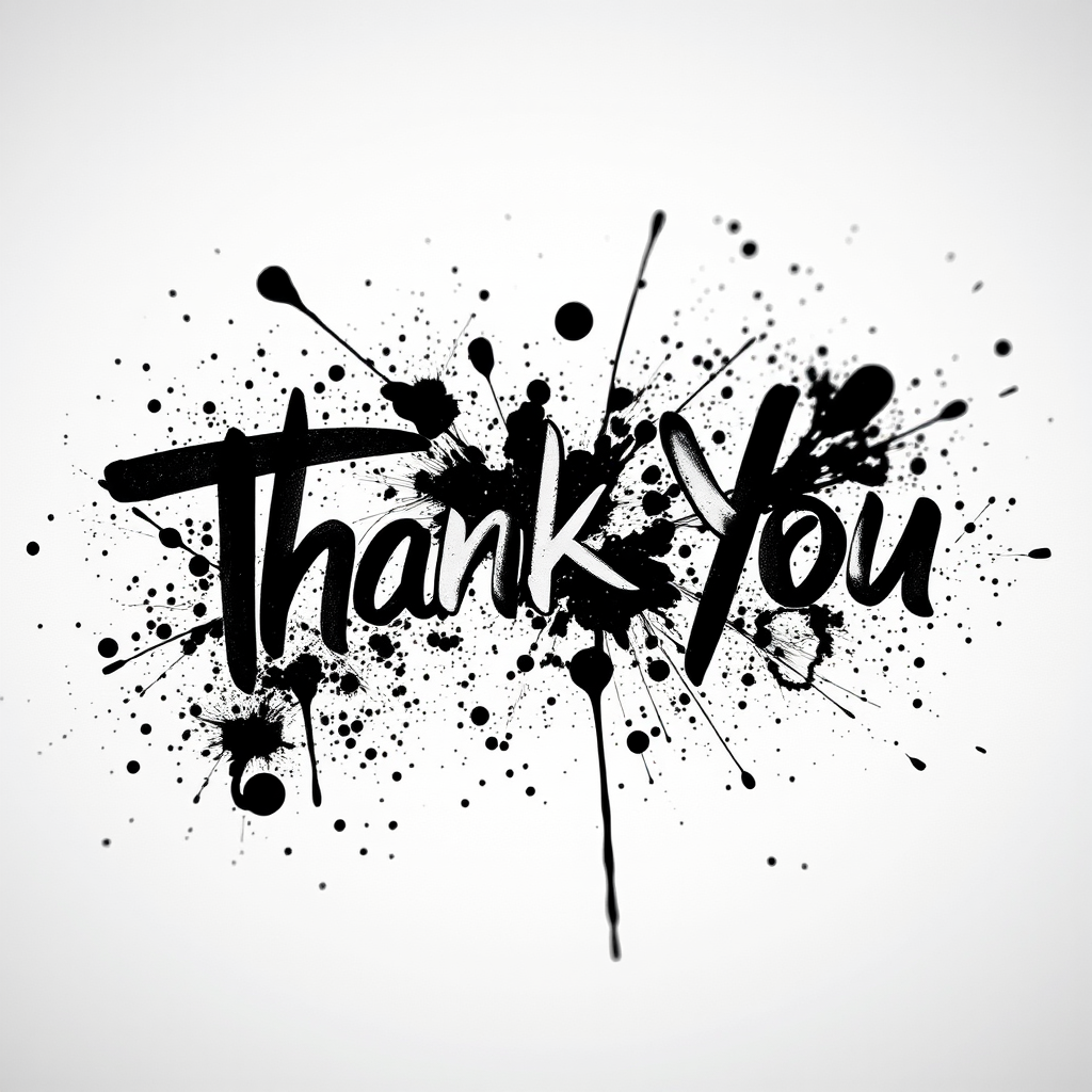 Create an abstract black and white image with the words Thank You in bold, high contrast, surrounded by dynamic splatter effects, shot with a DSLR camera at f/1.8, ISO 100, 50mm lens, capturing a close-up view with a shallow depth of field for enhanced clarity and detail.