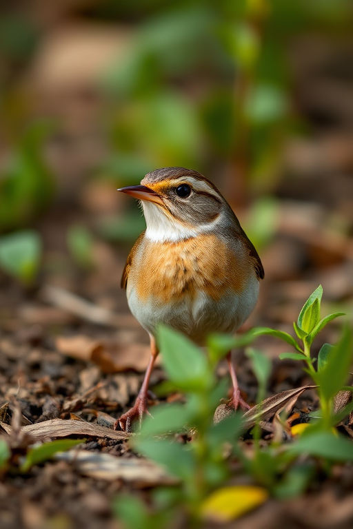 A close-up shot of a wren standing on the ground surrounded by greenery, using a Canon EOS 90D, 100mm f/2.8 macro lens, aperture f/4, ISO 400, natural lighting, shallow depth of field for soft background blur.