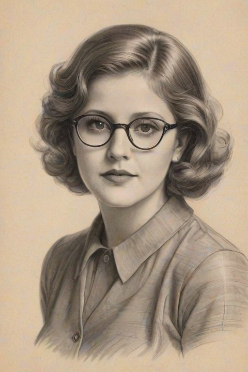 Enticing Brenda Vaccaro, pencil sketch, portrait of Captivating woman 1930s in glasses, hair style beatnik, outline, clear lines, fine lines, 8k