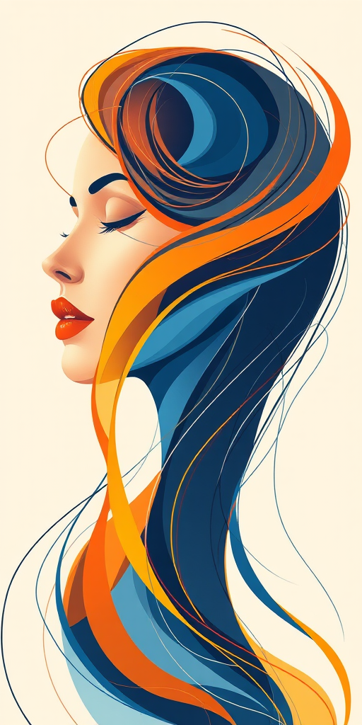 Create an abstract illustration of a woman's profile with flowing lines in shades of orange, blue, and yellow on a light beige background, using a Canon EOS R5 with a 50mm f/1.2 lens, aperture set to f/2.8, ISO 100, in soft natural light to enhance color vibrancy and detail.