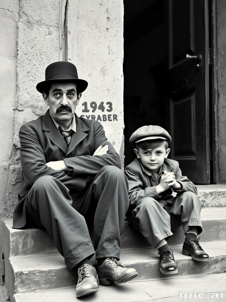 A black-and-white photograph of a man and a child sitting on steps in front of a doorway. The man is dressed as a tramp with a bowler hat, mustache, and ragged clothes, reminiscent of Charlie Chaplin's iconic look. He is sitting with his arms crossed and an expression of slight sadness or frustration. Next to him is a young boy, also in worn clothes and a cap, sitting with his hands clasped, looking thoughtful. The background is an old, textured wall and a partially open door, creating a vintage, early 20th-century atmosphere.