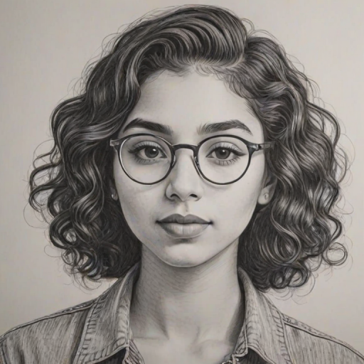 Splendid Alessia Cara, pencil sketch, portrait of Fetching woman 1934s in glasses, hair style beatnik, outline, clear lines, fine lines, 8k