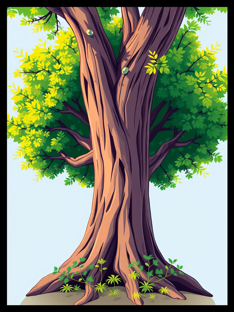 Generate a vibrant illustration of a stylized tree with a thick trunk, lush green foliage, and small plants at its base, using a DSLR camera with a 50mm lens, f/2.8 aperture, ISO 100, shot from a low angle to enhance depth and detail, in bright daylight for rich colors and clear definition.