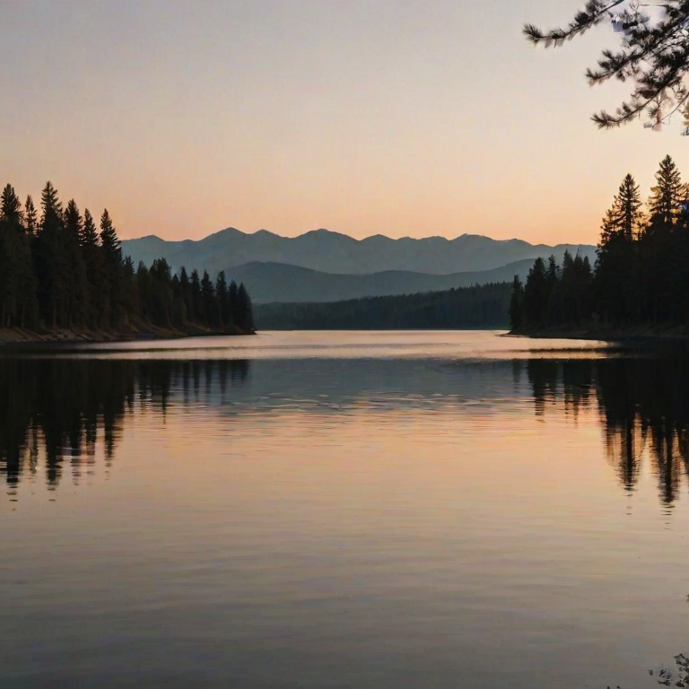 Soft-focus image of a peaceful lake at dusk, soft golden light from the setting sun reflecting off the water, with distant trees and mountains silhouetted against the evening sky.