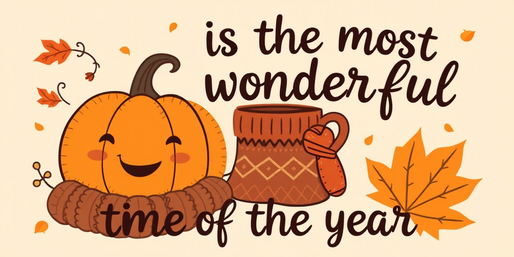 Create a cozy autumn-themed illustration featuring a smiling pumpkin, a warm coffee cup, a colorful sweater, and a vibrant fall leaf with the text its the most wonderful time of the year in a playful font on a soft beige background.