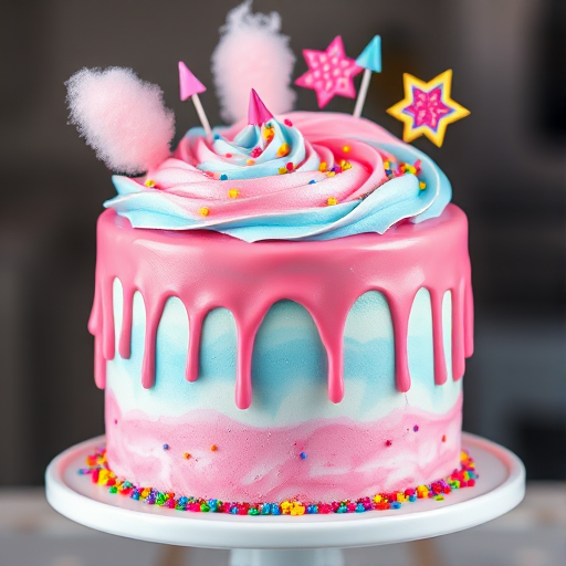 Create an image of a colorful cake featuring a swirl of pink and blue frosting with dripping icing on the sides topped with cotton candy, colorful sprinkles, and decorative cake toppers arranged artistically on a white cake stand with a blurred background.