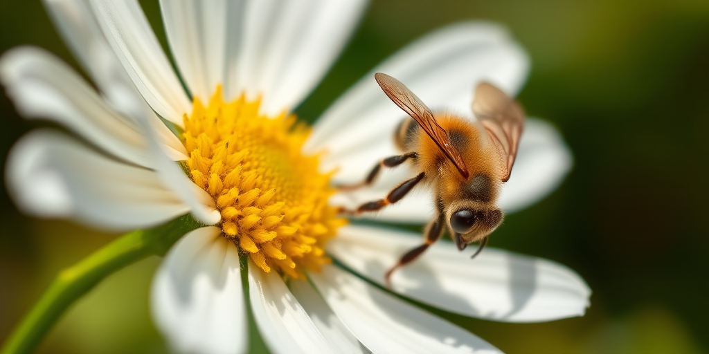 macro shot of a bee on a white flower with yellow center, shallow depth of field, natural lighting, ISO 100, aperture f/2.8, shutter speed 1/200s, camera view from the side, prime lens, DSLR