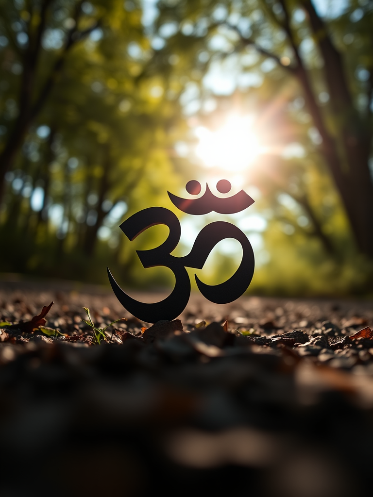 Create a high-resolution image of the Om symbol, shot from a low angle with a 50mm lens, f/1.8 aperture, ISO 200, using a DSLR camera with natural lighting for enhanced clarity and depth.
