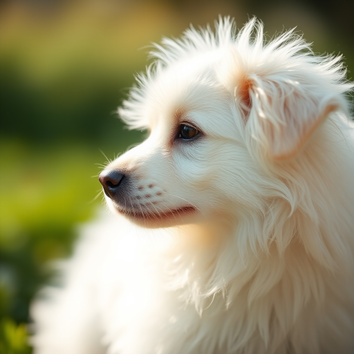 A close-up profile shot of a fluffy white dog in soft focus with a blurred background, taken with a Canon EOS R5, 50mm f/1.2 lens, aperture f/2.8, ISO 100, using a natural light setting for a bright, airy feel.