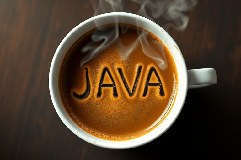 Create a high-resolution digital illustration of a steaming cup of coffee with the word "JAVA" creatively formed by steam, captured with a 50mm lens, f/8 aperture, ISO 100, soft diffused lighting, top-down view, using a DSLR camera for sharp detail and clarity.