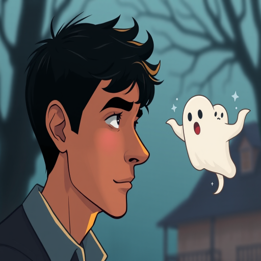 create an illustration of a man looking thoughtfully while two cartoonish ghost figures float beside him, using a DSLR camera with a 50mm lens at f/1.8, 1/200s shutter speed, ISO 100, natural lighting, and a soft focus background for a whimsical effect