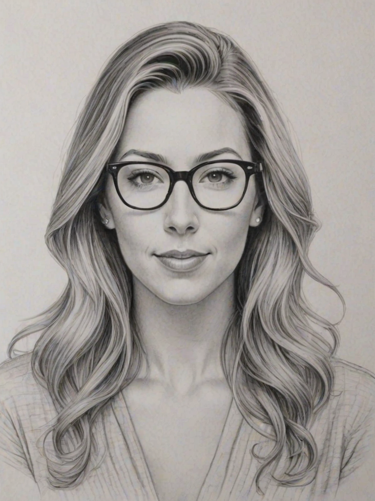 Radiant Colbie Caillat, pencil sketch, portrait of Superb woman 1954s in glasses, hair style beatnik, outline, clear lines, fine lines, 8k