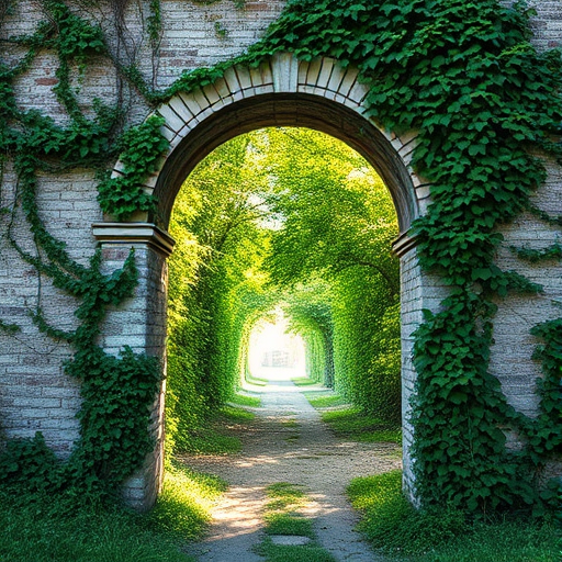 Create a high-resolution image of an ancient, overgrown archway leading to a sunlit path, captured with a DSLR camera at f/1.8, ISO 100, 1/100 sec, using a wide-angle lens, in soft natural lighting with a focused depth of field.