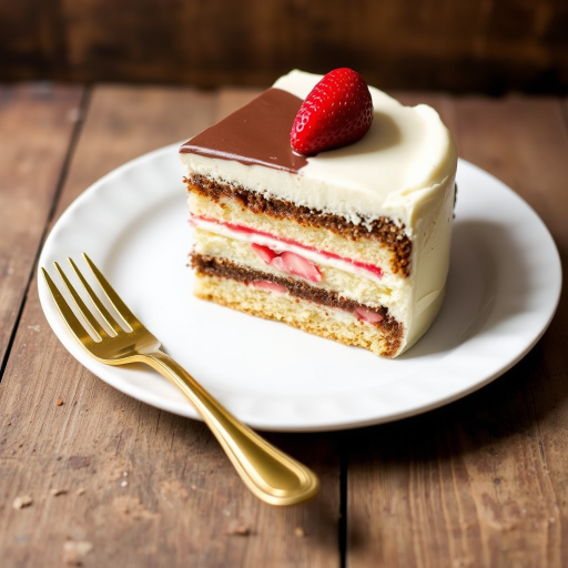 A slice of layered cake on a white plate with a gold fork beside it featuring chocolate vanilla and strawberry layers with smooth frosting and a rustic background