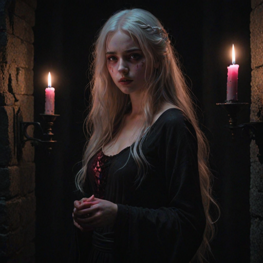 1girl, blood, solo, long hair, blood on face, Holding a burning candle, looking down , looking at candle, white hair, nosebleed, pink eyes, hair between eyes, lips, closed mouth, freckles, bangs, very long hair, standing in the dark castle, darkness, glow, dark theme, masterpiece, artistic, unusual, extraordinary, magical