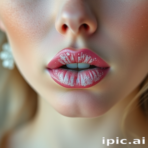 Angelic woman lips enhanced with frosted white shimmer, full face capture evoking ethereal beauty and celestial grace