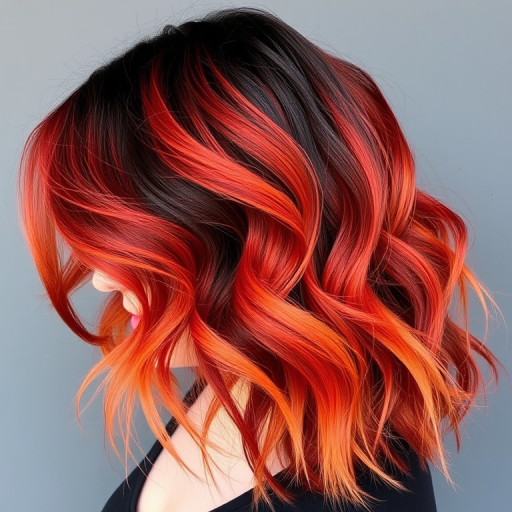 Dramatic Volcanic Ombre Waves boasting a striking transition from deep charcoal black roots to fiery red and orange tips styled in loose tousled waves reminiscent of flowing lava